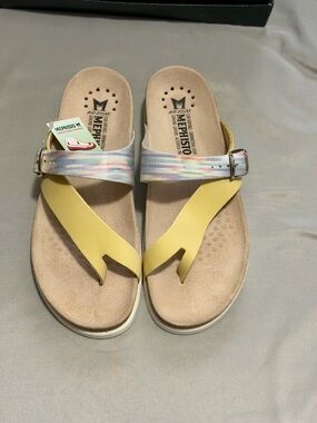Mephisto Beige Suede Footbed Sandal with Iridescent Strap